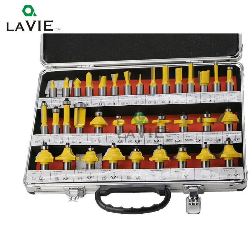 LAVIE 35PCS 1 Set 1/4 Woodworking Router Bits 1/2 Lnch Milling Cutter Bits End Mill CNC Engraving Machine Tool MC01001