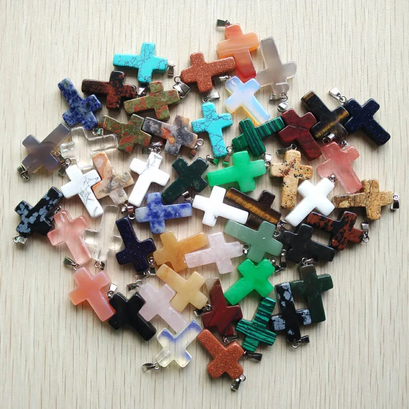 Wholesale 50pcs/lot  Fashion hot sell natural stone mixed color assort  cross pendants Charms fit Necklaces jewelry making