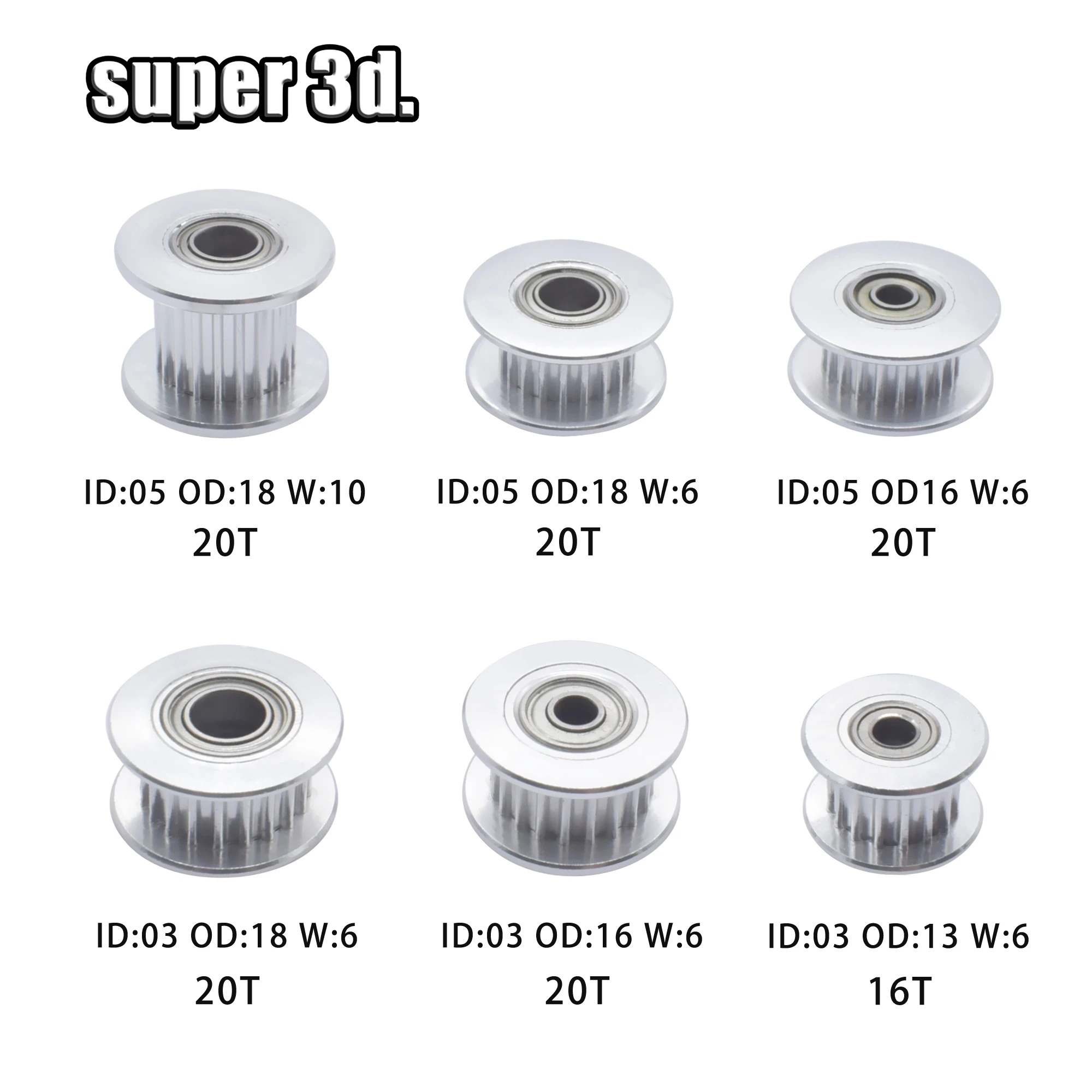 5pcs 3D Printer GT2 Idler Timing Pulley 20T  ID3/5mm , OD 13/16/18mm use for Width 6&10mm belt with tooth