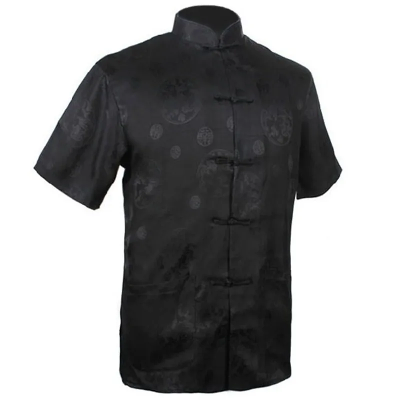 New Black Men\'s Rayon Satin Shirt Top Chinese Classic Kung Fu Clothing Short-Sleeve Vintage Fashion Tang Suit S M L XL XXL XXXL