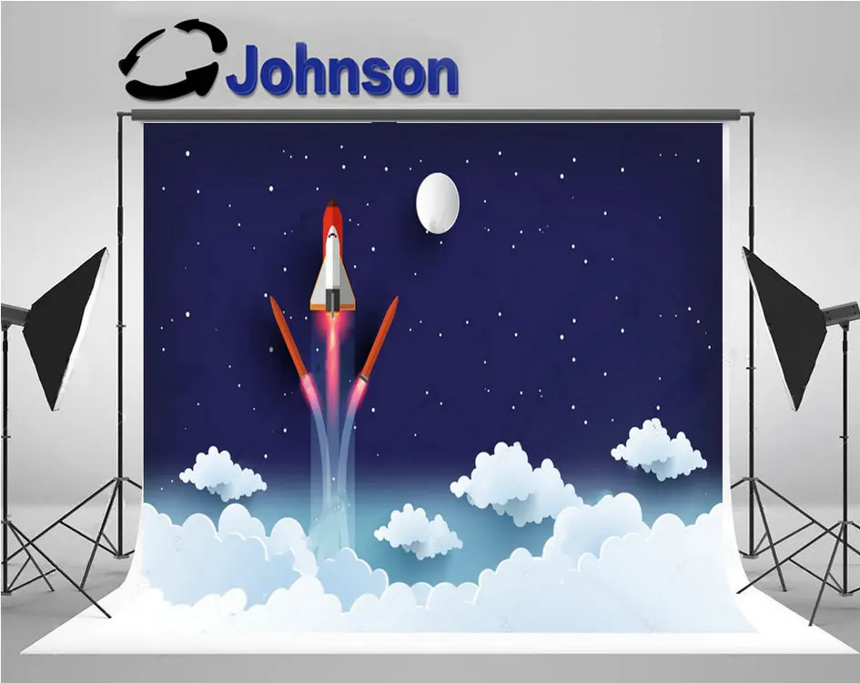 Shuttle Galaxy Space Rocket Full Moon Cloud backdrop  High quality Computer print children kids background