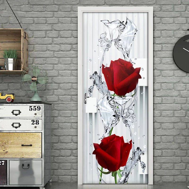 

2019 New 3D Modern Rose Water Drops Door Stickers Mural PVC Self-adhesive Wallpaper Poster Living Room Bedroom Door Decor Decals