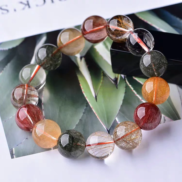 Natural Colorful Rutilated Quartz Round Beads Bracelet Yellow Copper Rutilated 8mm 9mm 10mm 11mm 12mm 13mm 14mm AAAAA