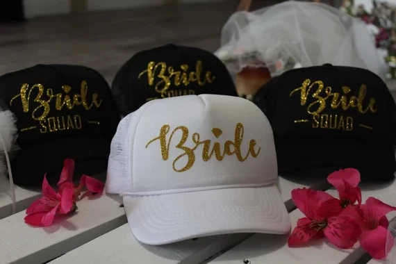 personalized GLITTER Bride Squad wedding bridesmaid Bachelorette Mesh Trucker Snapback trucker hats caps party favors