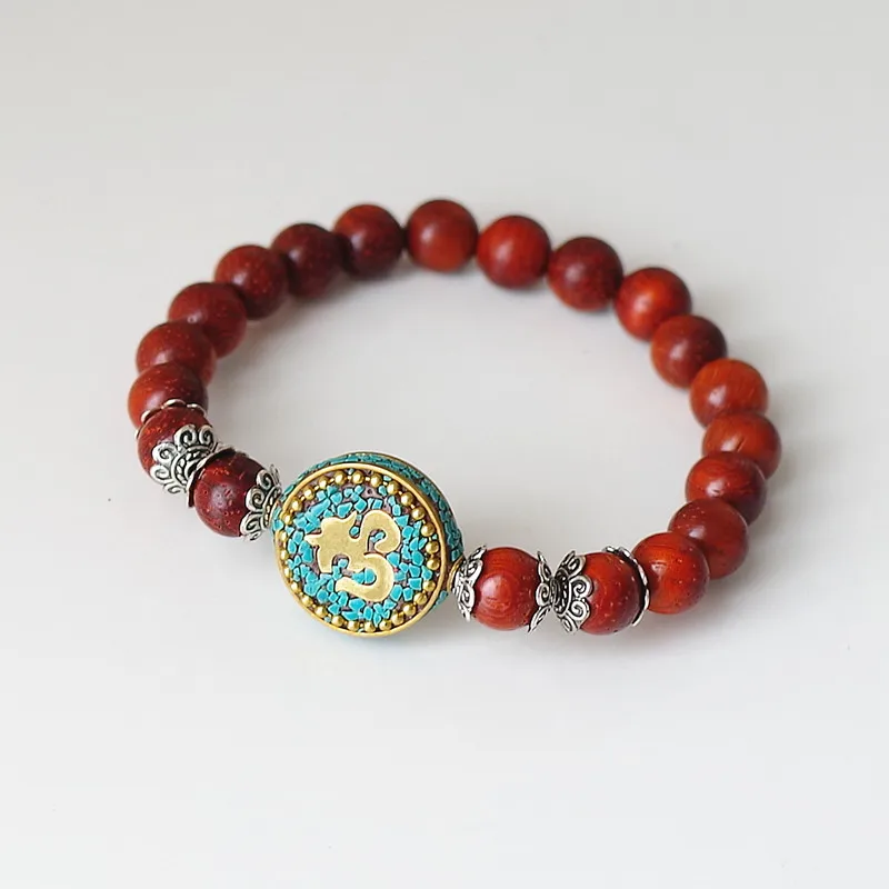 Red Wood Beads Strand Charm Chakra Mala Bracelet Lucky Prayer Tibetan Buddhist Scripture OM Mala Bracelet for Women Men