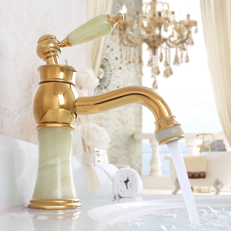 

High quality Bathroom luxury Gold Brass Jade Hot and cold Water tap golden European Basin Faucet Sink Mixer Tap Faucet