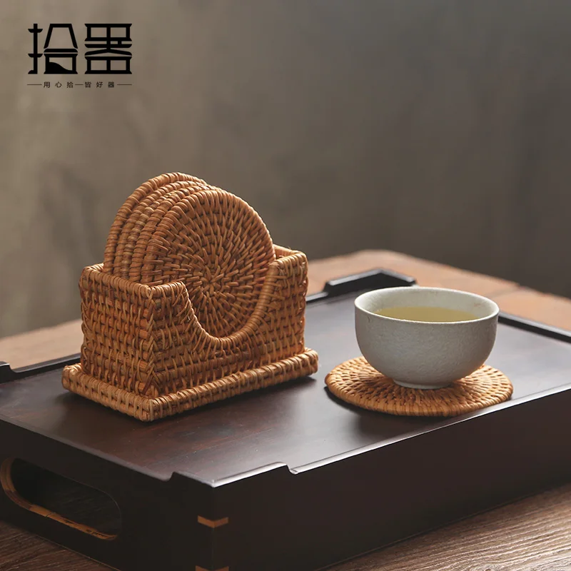 6pcs/lot Creative Tea Coasters Set Cup Cushion Kungfu Tea Accessories Tableware Placemat Saucer Rattan Weave Cup Mat Pad Holder