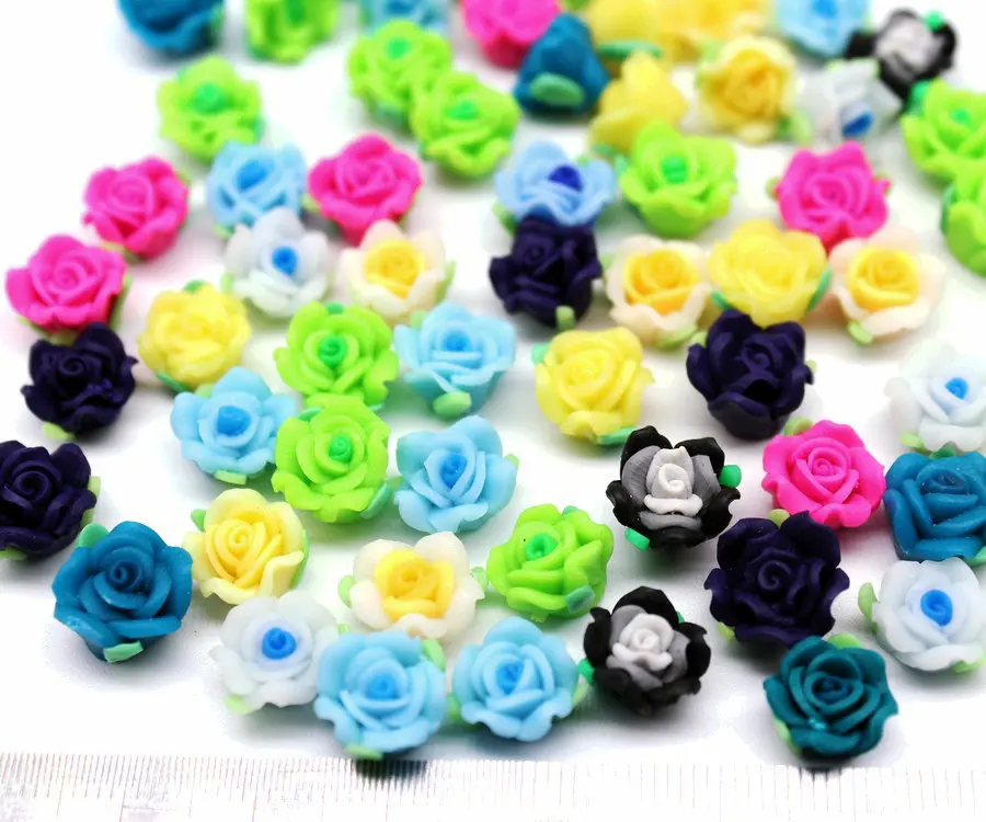 

150pcs mix color Polymer Clay Flower Rose Beads 12mm rose Scrapbooking,crafts flowers, with back straight holes