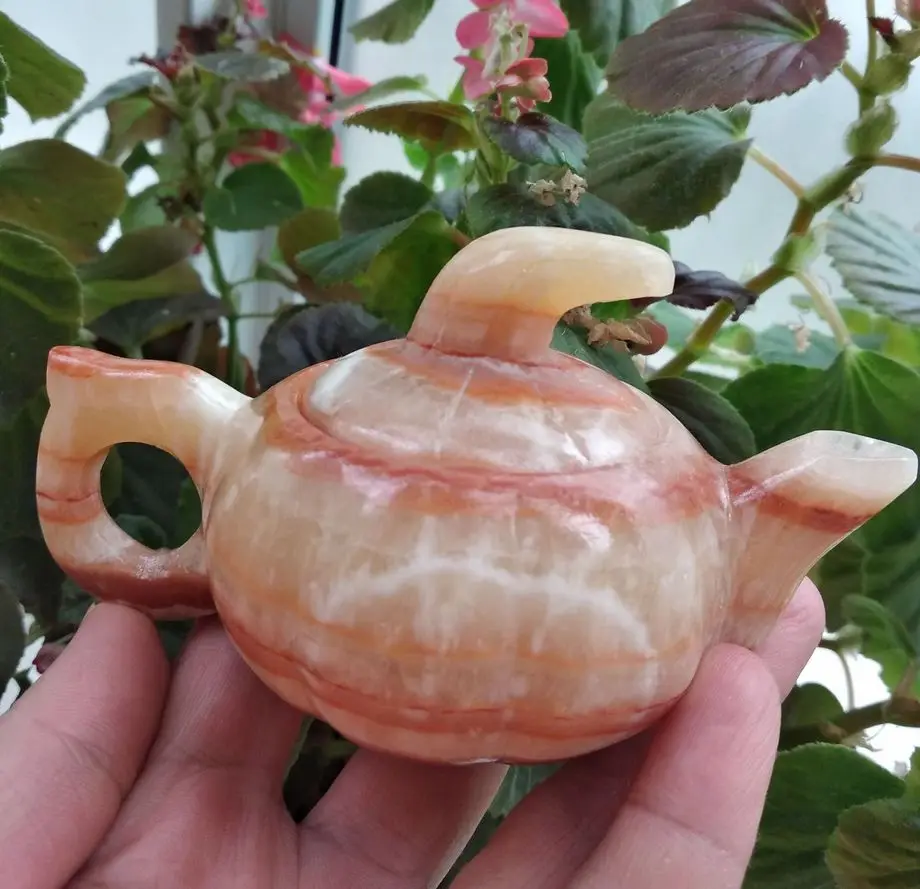 NATURE BROWN JADE TEAPOT WINE POT -REAL Handwork Carving Burnish