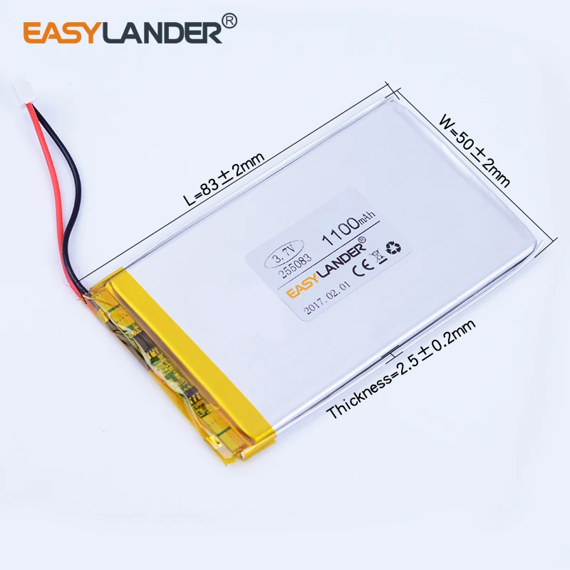 

10pcs/Lot 255083 3.7V 1100mAh Polymer Li-ion Battery For MP4 MP5 Speaker Navigator GPS PDA DVR Traffic recorder E-book