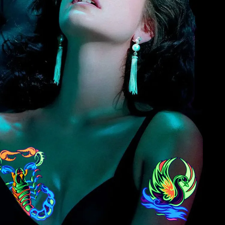 

Hot Fluorescent Temporary Tattoo 21cm Bar Club Animal Flowers Fluorescence Body Tattoo Face Sensation Luminous Owl Tattoo 500PCS