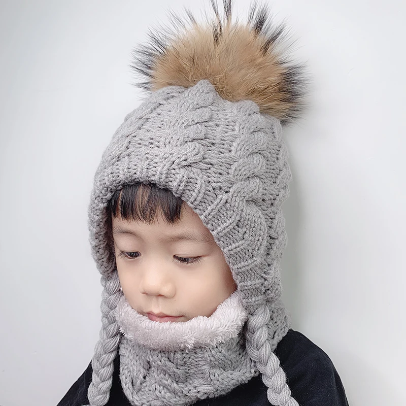 Fur Pompom Beanie Kids Baby Winter Hat Fleece Inside Ear Protection Crochet Cap Warm Knitted Hat And Scarf Set For Children