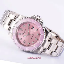 2019 più nuovo caldo 40mm BLIGER quadrante rosa chiusura deployante lancette luminose data finestra vetro zaffiro movimento automatico orologio da uomo