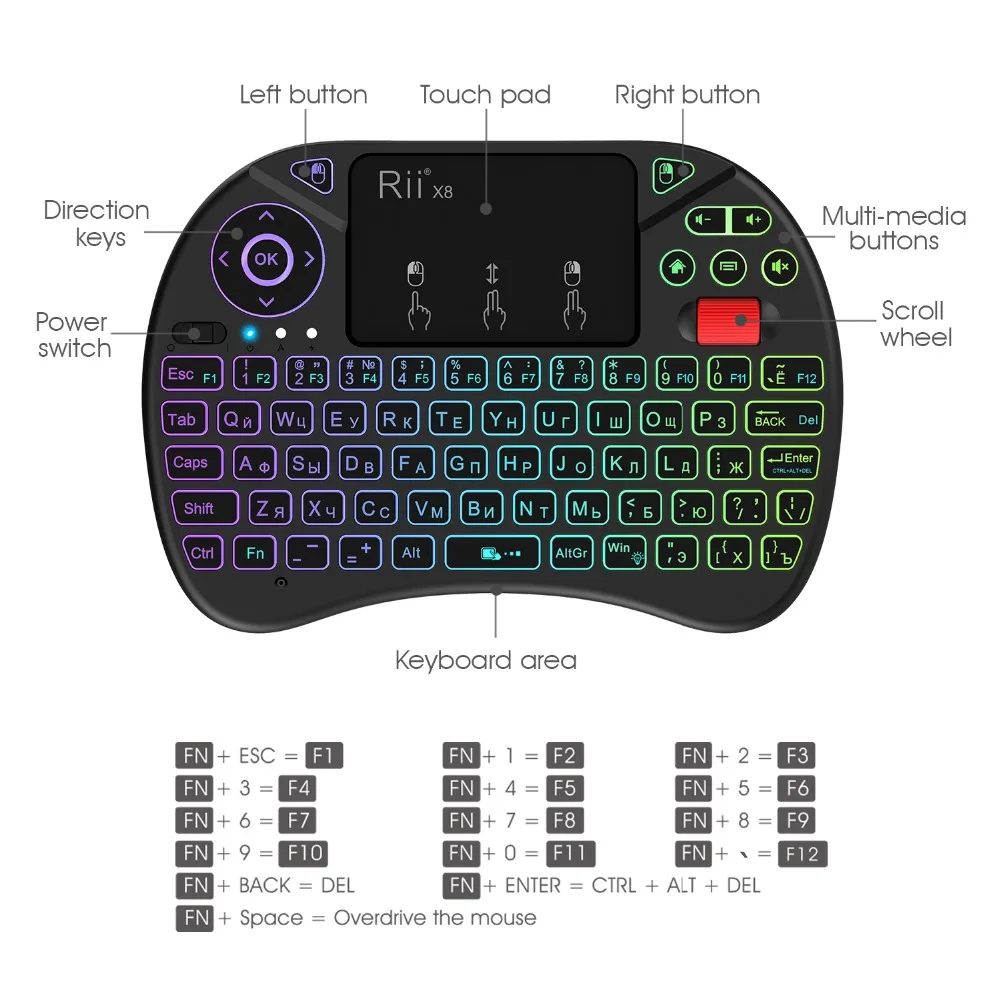 Mini teclado Rii X8 2,4 GHz teclado inalámbrico con panel táctil retroiluminado para PC/Android TV box/IPad