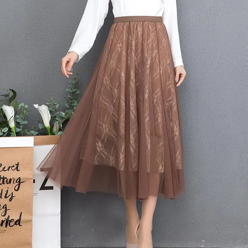 Zuolunouba 2019 Summer Women Skirt A-line Harajuku Lace Jacquard Net Yarn Elastic Force High Waist Apricot Color Skirt Female