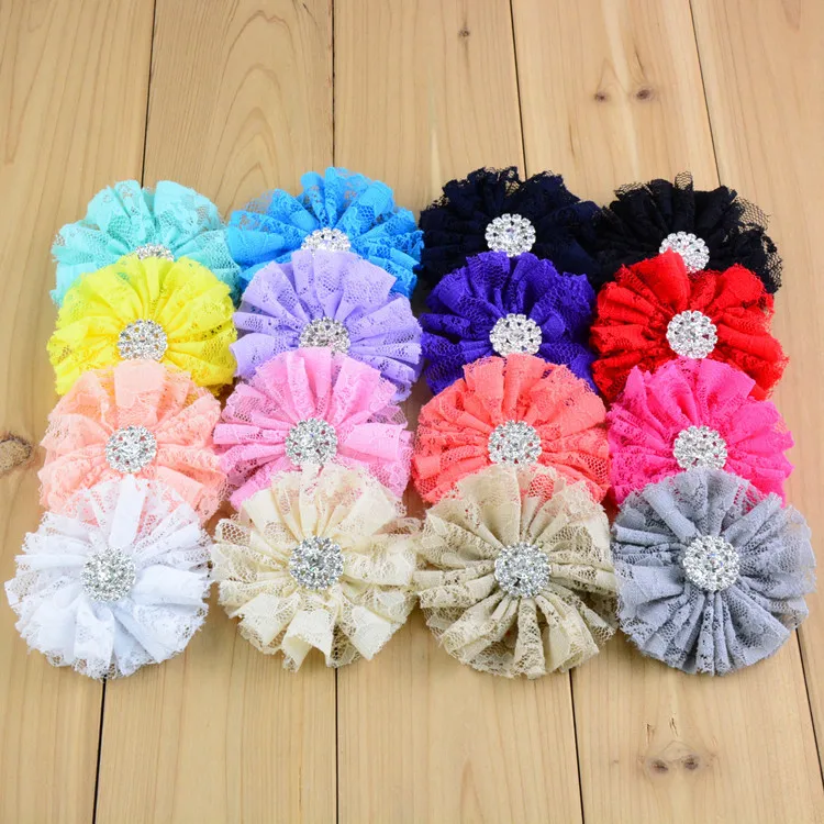 100 pcs/lot , lace fabric flowers, Ballerina ruffled flower , Wholesale Rhinestone Lace flowers