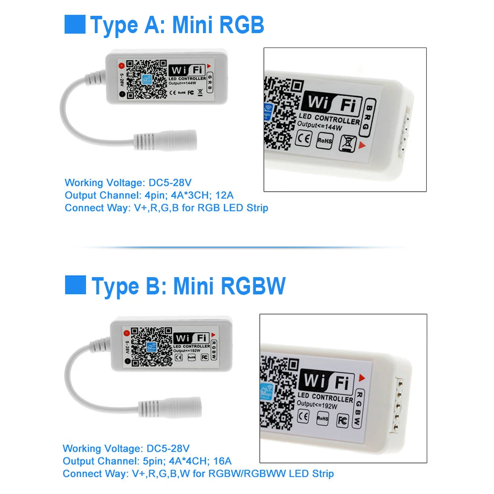 RGB RGBW RGB-WW-CW Wifi LED Controller DC12V 24V 16 Million Colors Music and Timer Wifi Control for RGB RGBW LED Strip.