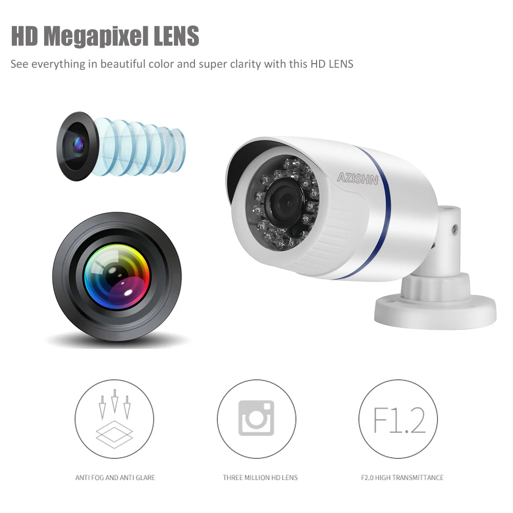 AZISHN Surveillance IP Camera H.265/H.264 FULL HD 1080P 2.0 Megapixel  Hi3516EV100 Outdoor Camera IP 1080P DC 12V/48V PoE