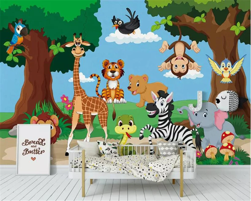 

wallpaper for kids room Cartoon forest Tiger giraffe monkey animal background wall papel de parede 3d wallpaper mural