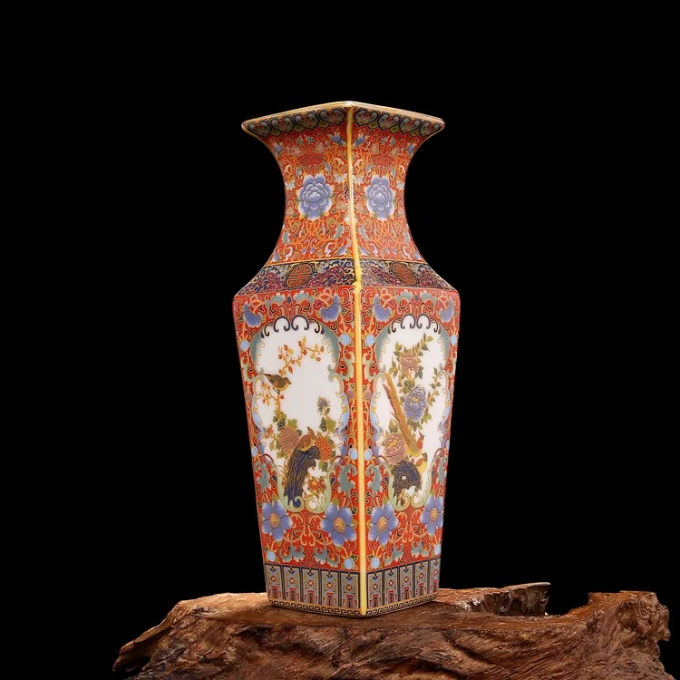 Qing Yong Zheng Antique Ceramic Vase Enamel Gilt Square Vase With Flower and Bird Antique Porcelain Ancient Porcelain Collection