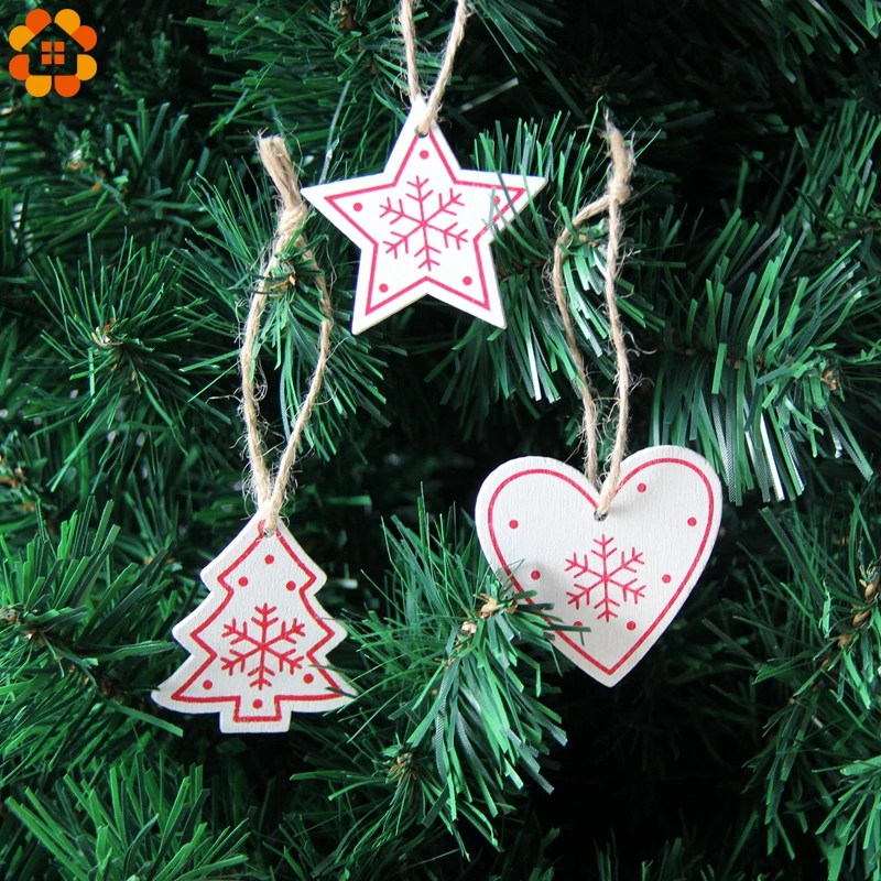 12PCS/Lot DIY White&Red Christmas Printed Wooden Pendants Ornaments For Kids Christmas Gifts Xmas Tree Ornaments Decorations