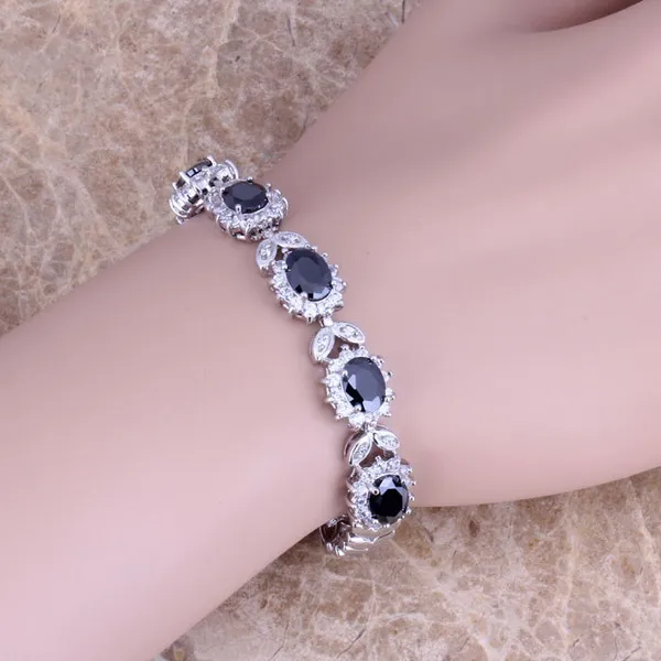 Charismatic Black Cubic Zirconia White CZ Silver Plated Link Chain Bracelet 7 inch S0400