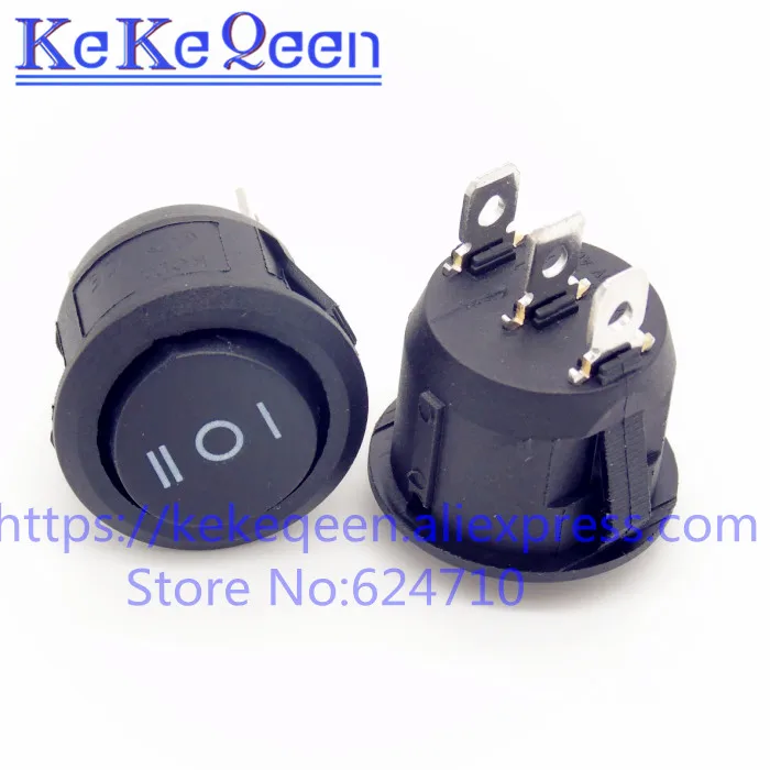 10PCS/LOT 23mm Round Black 3 Pin 10A/125V 6A/250V AC 3 Position SPDT ON-OFF-ON Rocker Switch Snap-in