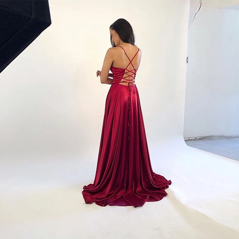 Long Burgundy Robe De Soiree Spaghetti Straps Evening Dresses Front Split Burgundy Satin Simple Formal Party Dresses Sweep Train