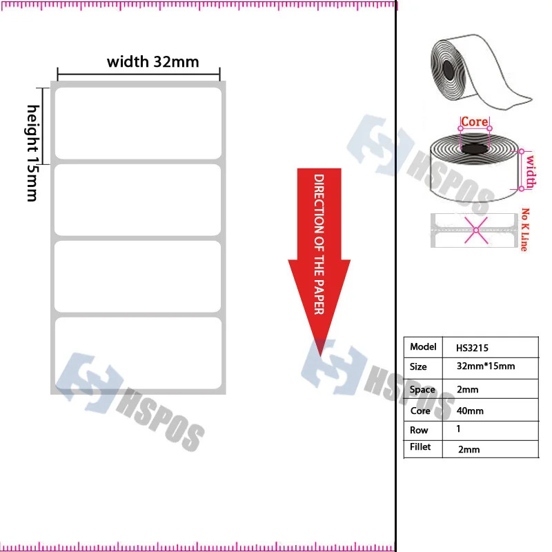 High quality label sticke paper 32mm*15mm for thermal printer 1500pcs one roll papel support custom logo self adhesive labels