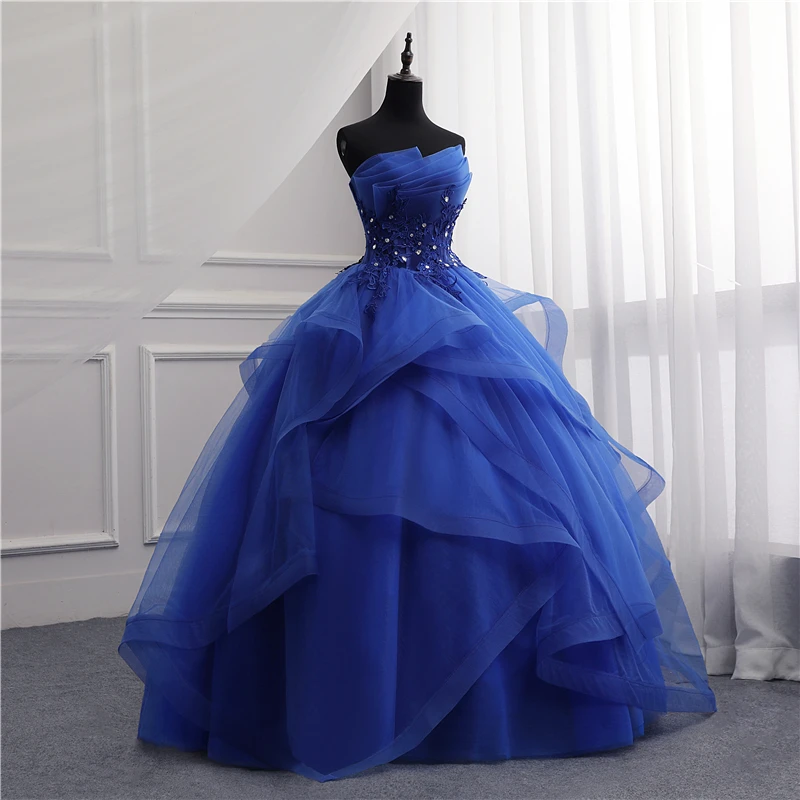 จริงวิดีโอชุดราตรีอย่างเป็นทางการ Ball Gown Elegant Blue สีขาวไม่มีที่สิ้นสุด Princess ชุดราตรีสำหรับ Party ออกแบบใหม่