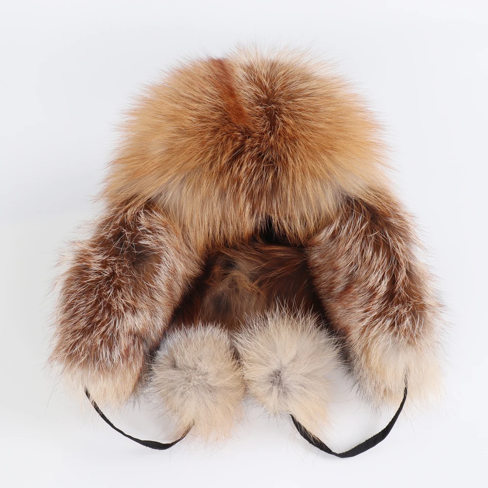 On Sale 100% Real Fox Fur Women's Russian Ushanka Aviator Trapper Snow Skiing Hats Caps Earflap Winter Ladies Fox Fur Bomber Hat