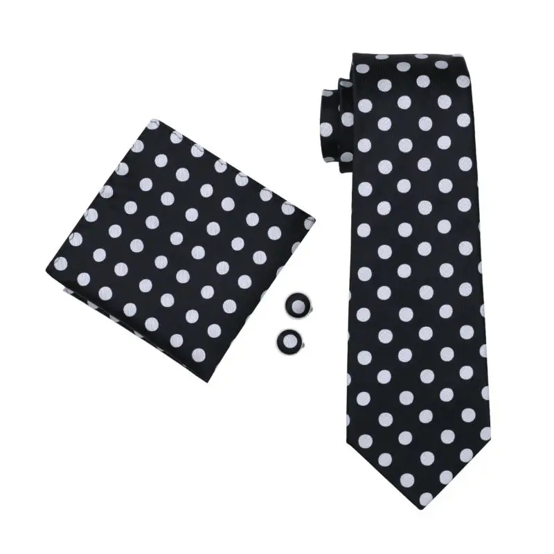 LS-1190 Men`s Tie Black Polka Dot 100% Silk Fashion Tie Hanky Cufflinks Set For Men Formal Wedding Party Business Free Postage