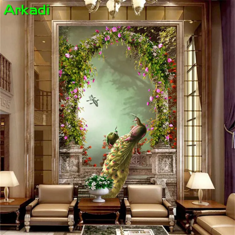 

European style vintage golden peacock beautiful hand painted Roman arch 3D wallpaper hotel living room entrance aisle corridor