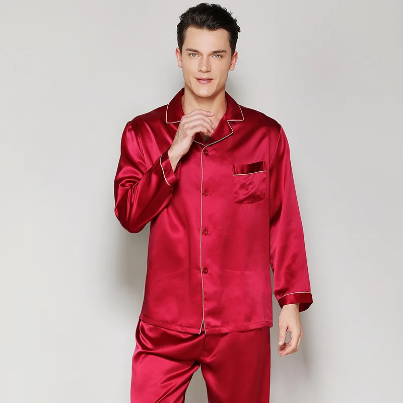 Man\'s Long Sleeve Genuine Silk Pajamas 19MM Heavy Silk Pyjama Sets 100% Silkworm Silk Sleepwear Male Solid Color T9002-ZB