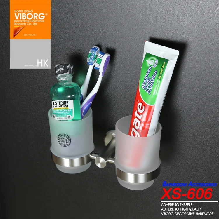 VIBORG Deluxe 304 Stainless Steel Wall Mounted Double Toothbrush Cup Holder with 2 Tempered Glass Toothbrush Cups, brushed