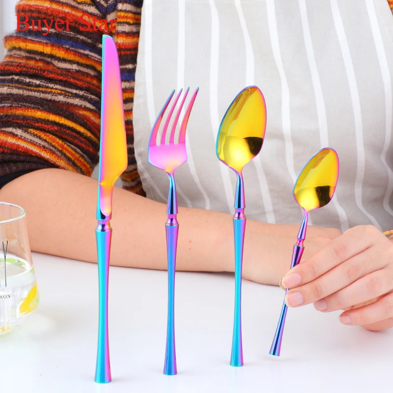 New 4-Piece Rainbow Cutlery Set Stainless Steel Flatware Set Dinner Fork Knife Scoop Teaspoon Western Food Tableware Set Gift