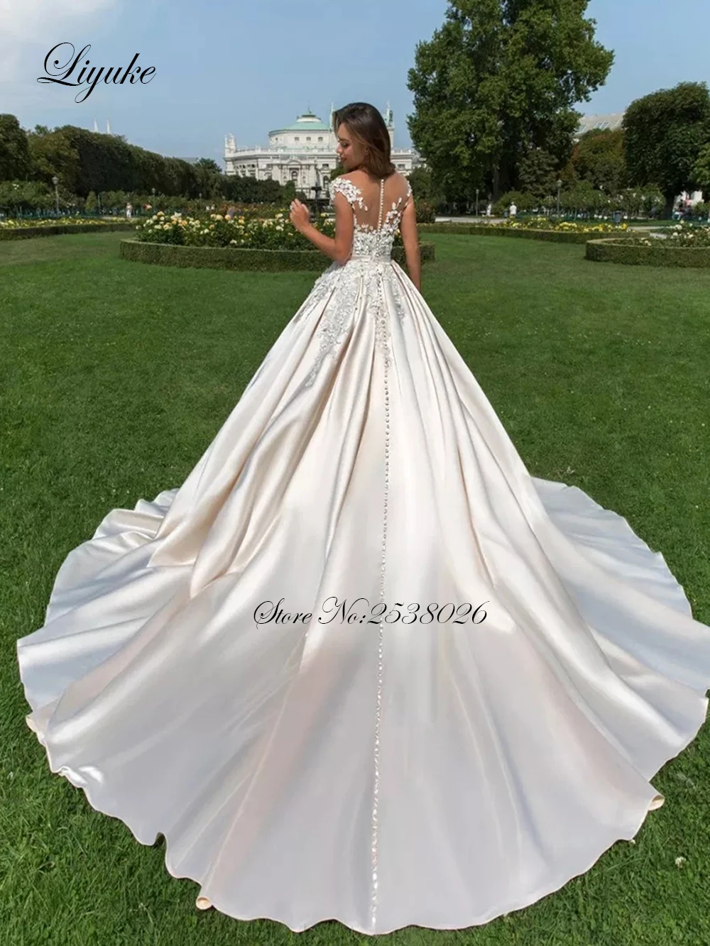 Liyuke Champagne Satin A-Line Wedding Dress V-Neckline With Short Sleeve Chapel Train Wedding Gown