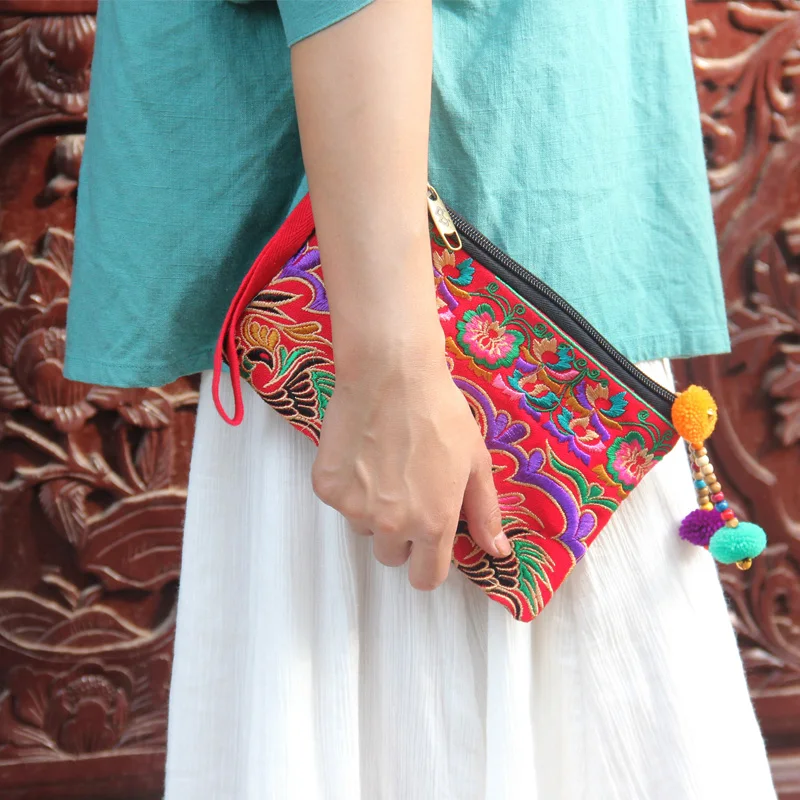 Haxi.Hani pochette da donna borsa con cerniera in tela etnica Hmong ricamo portafoglio carino borsa portamonete Vintage borsa per cellulare