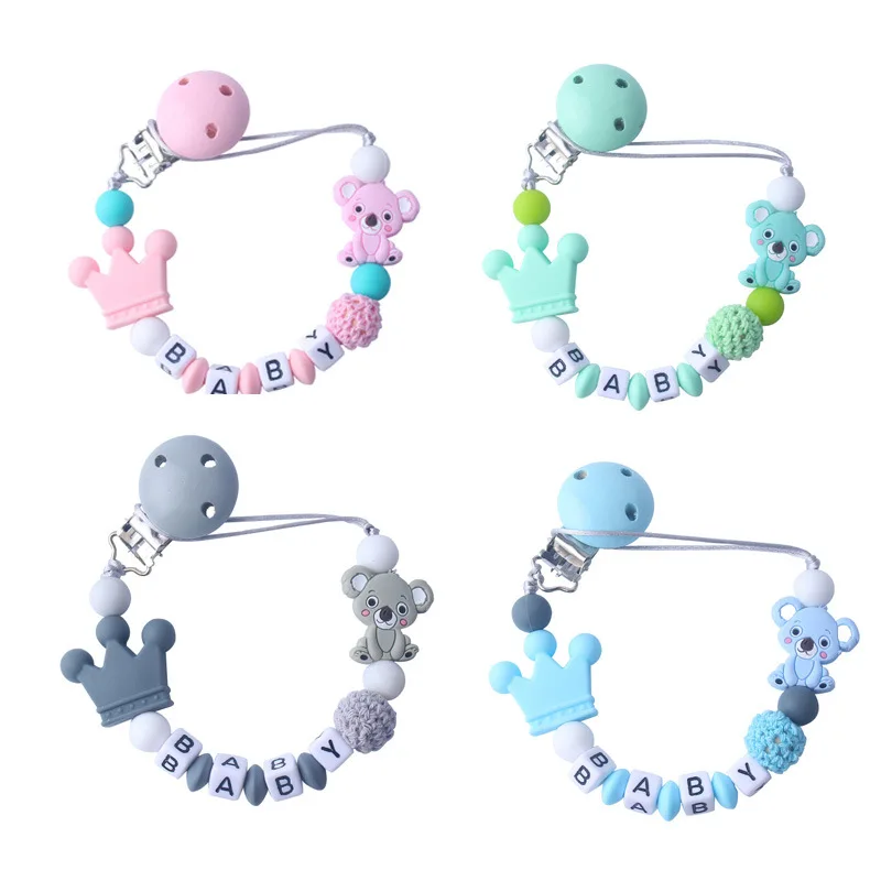 DUNIClips-Attache-tétine en silicone Koala avec nom personnalisé pour bébé, porte-sucette de dentition, jouet à mâcher