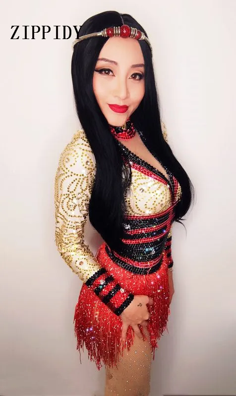 Sparkly Strass Oro Nappa Rosso delle donne della Tuta del Costume Del Partito Locale Notturno Femminile Cantante Body Celebrare Vestito Stage di Usura