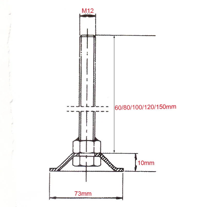 4pcs M12mm Thread Adjustable Foot Cups 73mm Base Diameter Articulated Leveling Foot 60/80/100/120/150mm for Furniture/Pipe Rack