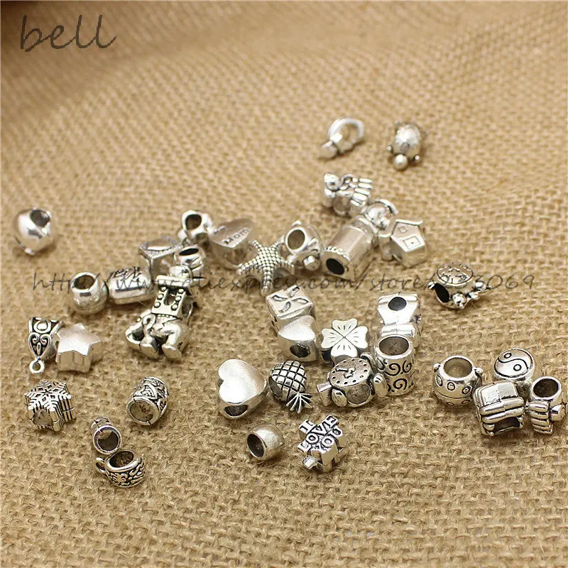 50Pcs Vintage Big Hole Beads Fit Bracelets  Charms Antique Metal Mixed DIY Beads Charm for Bracelets