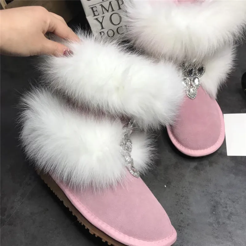 Girl\'s Bling Rhinestone Embellished White Fox Fur Snow Boots Girl\'s Winter Pink Suede Flat Warm Plush Crystal Ankle Boots Shoes