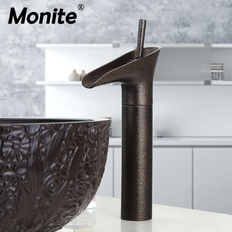 Monite Wine Glass Style Roman Bronze Art Bath Decor Water Waterfall Vessel Countertop Bathroom Basin Faucet Sink Mixer Tap