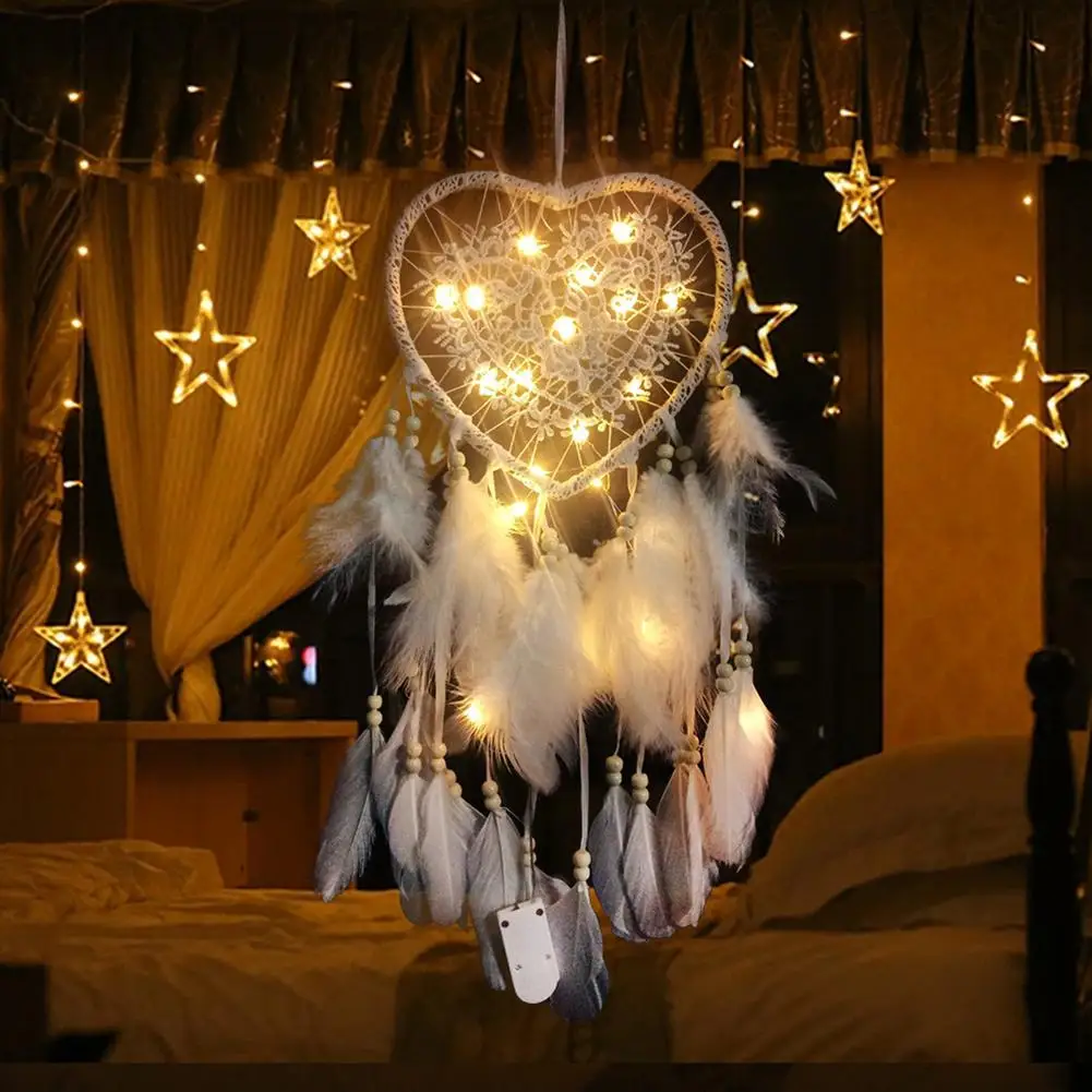 New 1pc Metal Heart Shape Feather Pendant LED String Light Dream Catcher Home Hanging Decor Included Button Battery