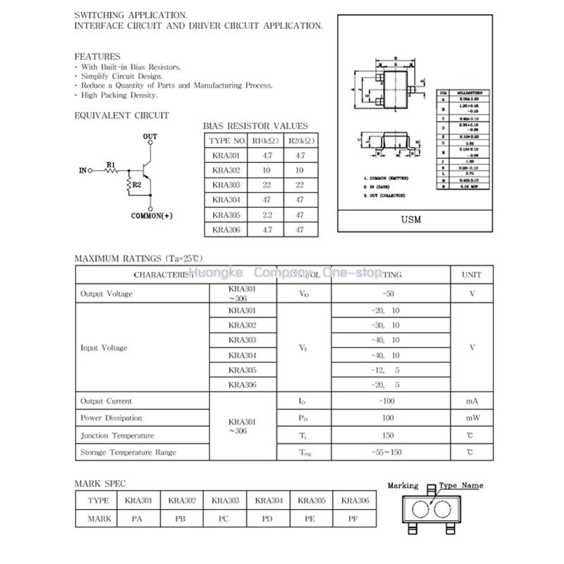 100 pçs/lote KRA305-RTK kra305 marca pe sot-323 kra305e sot-523 KRA305V-RTK kra305v sot-723 epitaxial planar pnp transistor