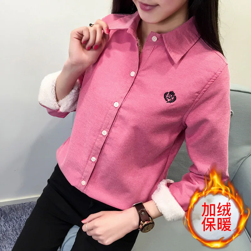 New Women\'s Cotton Shirt Winter Casual All-match Solid color Shirt Long-sleeve Plus Velvet Thicken Warm Slim Tops Female