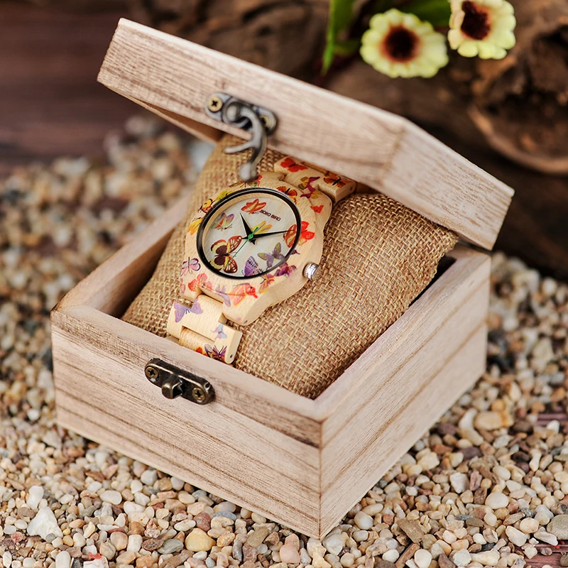 BOBO BIRD-reloj de madera para mujer, pulsera de bambú para mujer, pintura de mariposa, relojes de cuarzo, regalo personalizado en caja de madera,