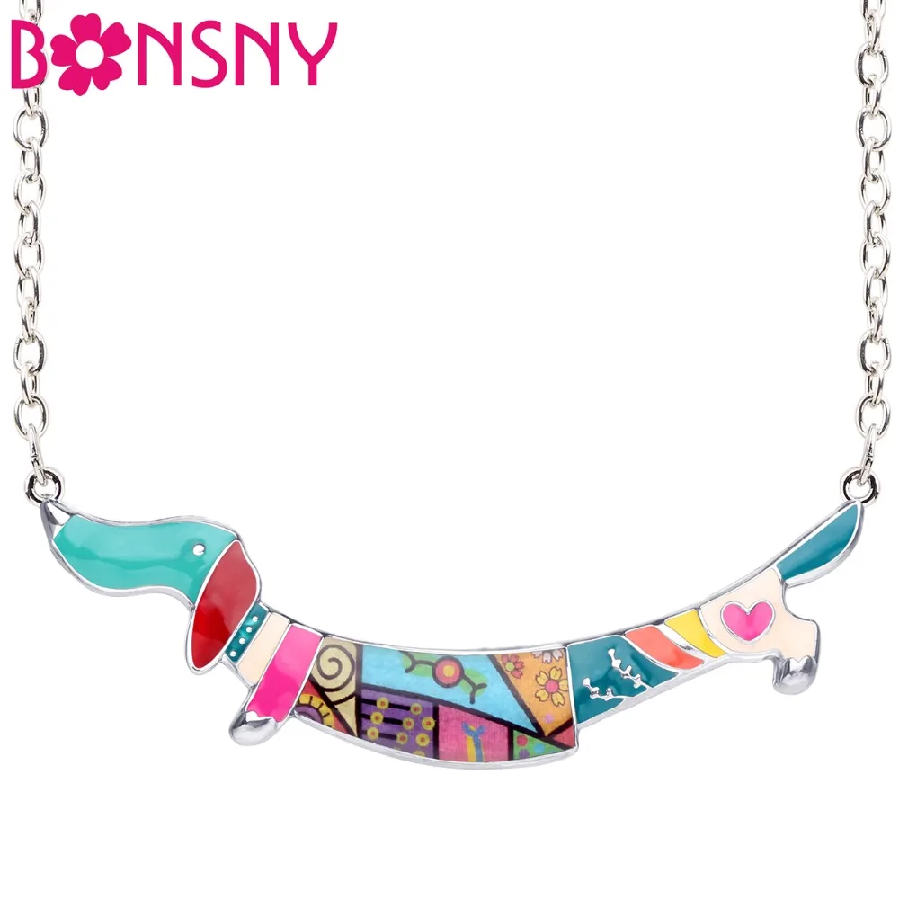 Bonsny Statement Enamel Alloy Jumping Dachshund Dog Necklace Pendant Chain Collar Cartoon Cute Animal Jewelry For Women Girls