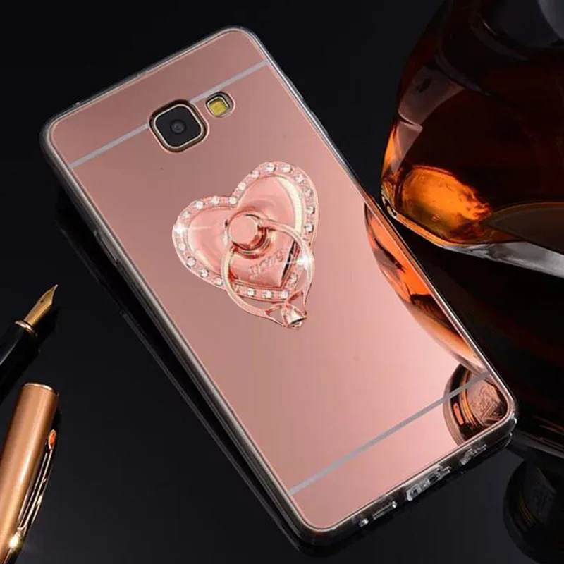 Luxury Plating Mirror Soft Back Cover For Samsung Galaxy J3 J5 Pro J7 2016 A5 2017 J6 Plus J8 Bling Ring Holder Stand Phone Case